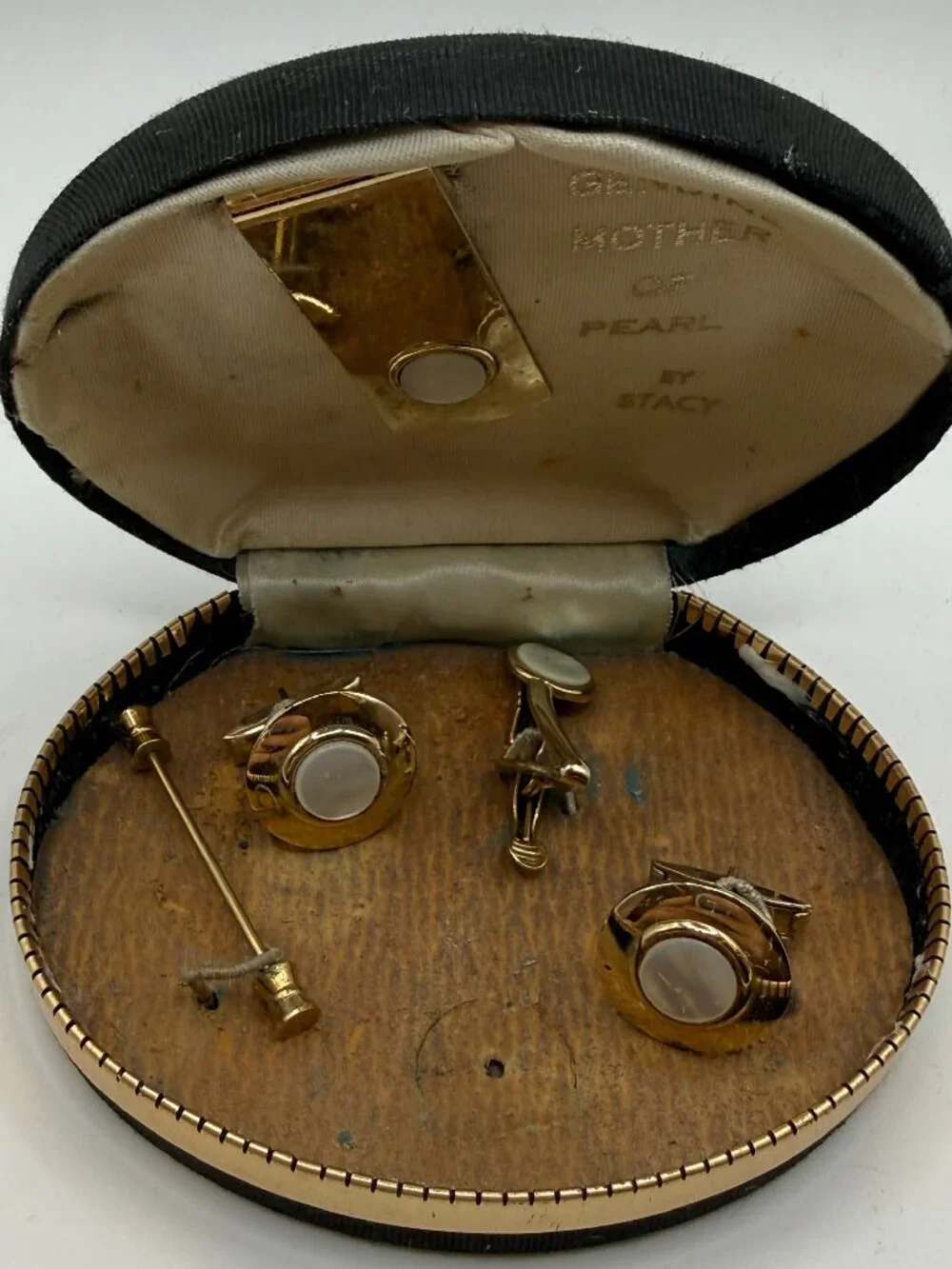 NIB Vintage Genuine Mother of Pearl by Stacy Cuff Link + Clips Set